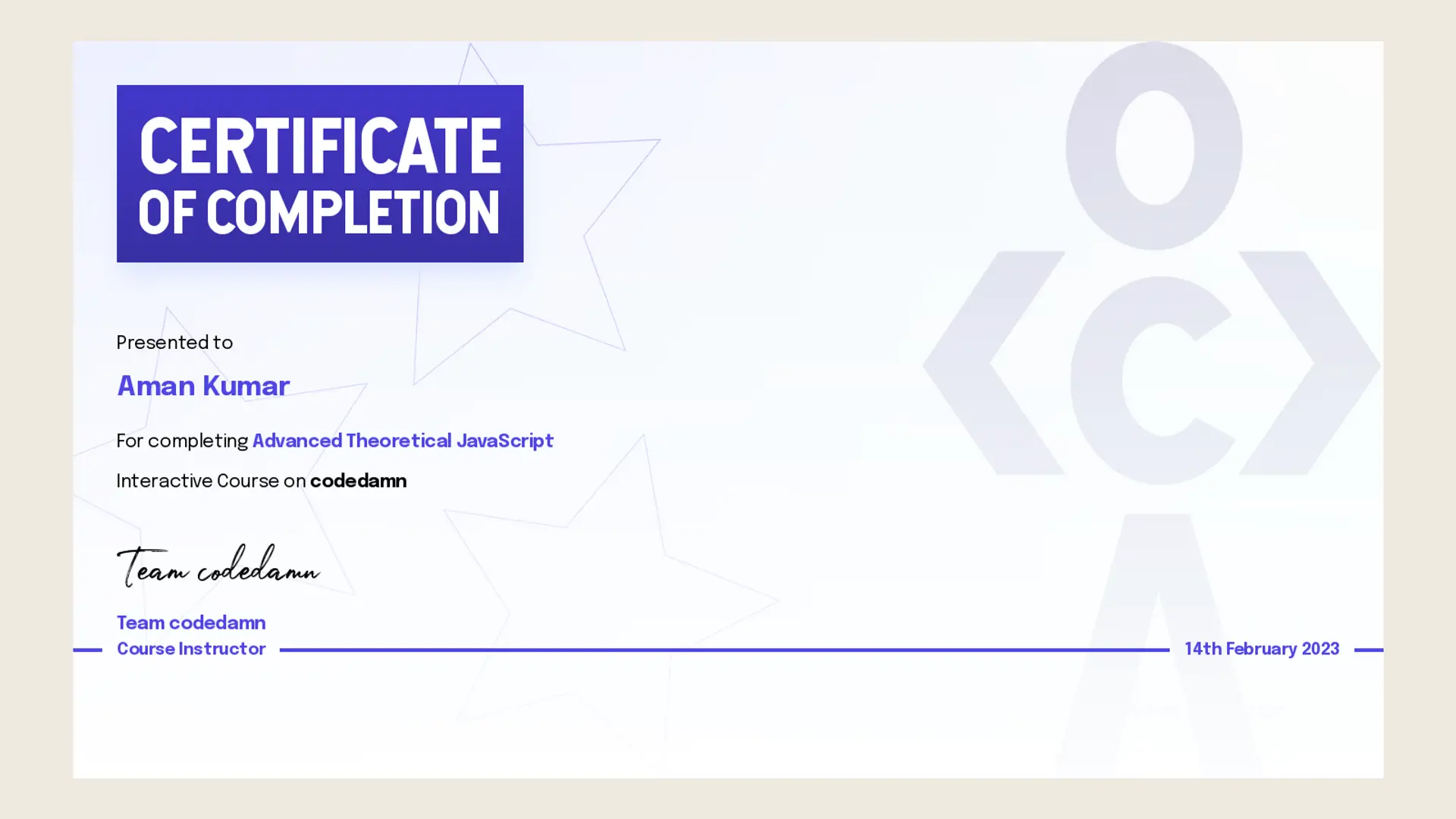 Aman Kumar Advance JavaScript Certificate (Aman Indian)